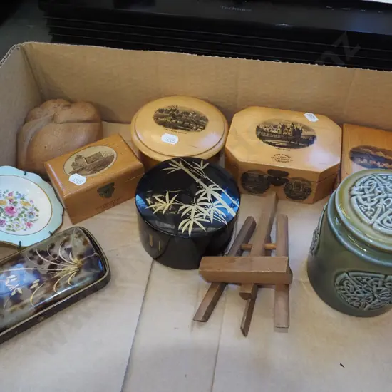 box; English souvenir trinket boxes, Wade canister, tiny easel etc