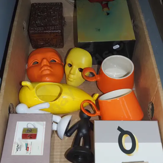 box; painted masks, coffee cups, small camphorwood chest etc