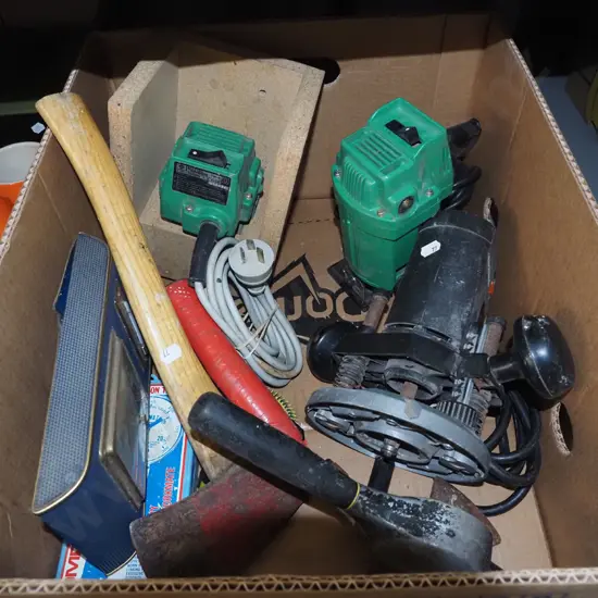 box; router, laminate trimmer, hatchet etc