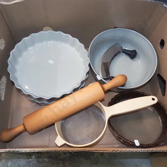box; baking dishes, sieve, rolling pin etc
