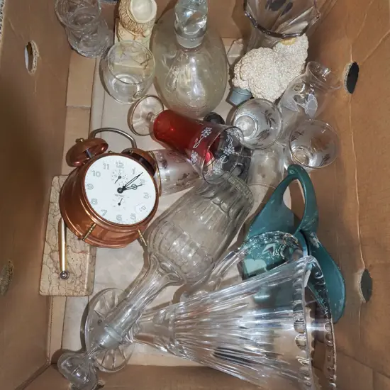 box; clockwork alarm clock, vases, tumblers etc