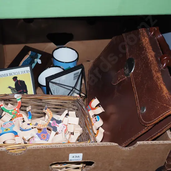 box; plastic figurines, enamel cups, leather satchel etc