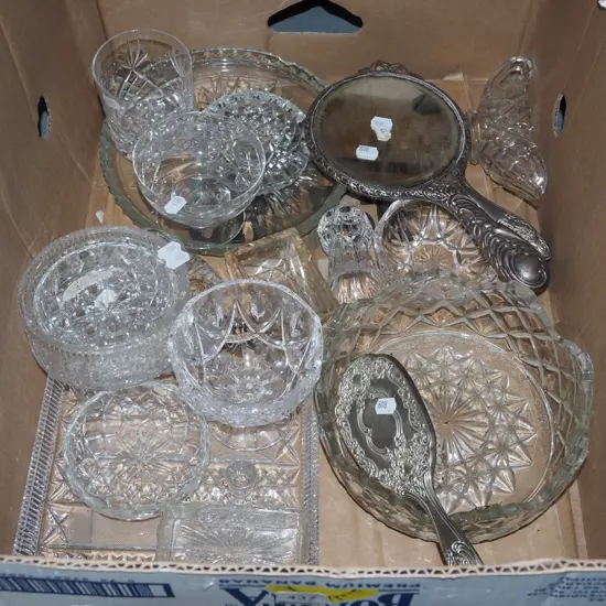 box; cut crystal and glass ware, mirrors, hair brush