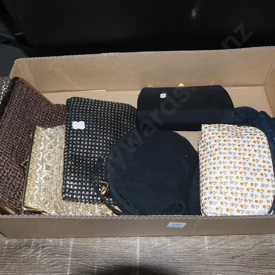 box; gloves, clutch purses, handbags, etc