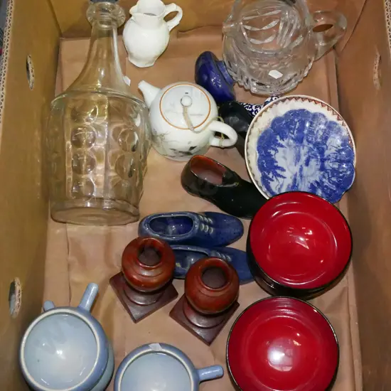 box; lacquer bowls, ornamental shoes, cut crystal jug etc