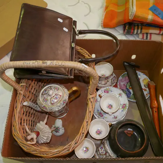cane basket, handbag, teapot, cups etc