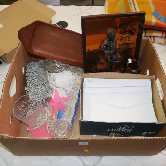 box; envelopes, wooden tray, 3D artwork, vase etc