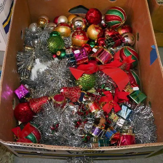 box of Christams tree decorations