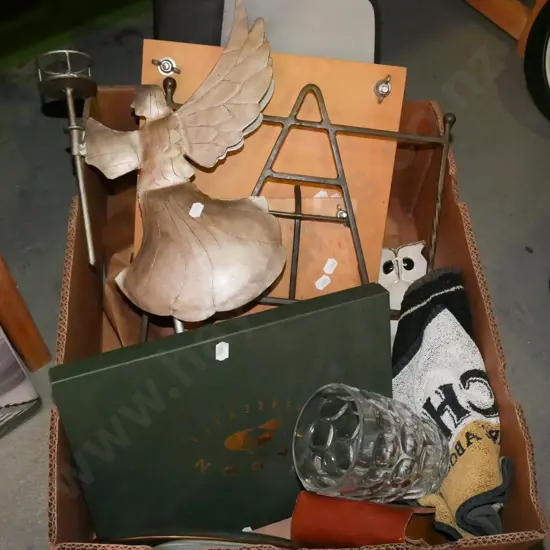 box; placemats, metal angel candlesticks, bar mats, beer mug etc