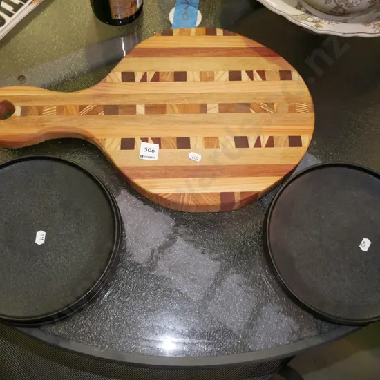 mixed timber wooden chopping board, 5x stoneware plates