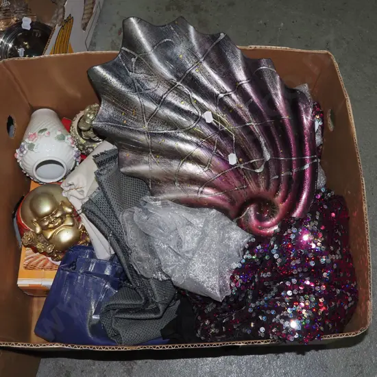 box; serving dish, sequin material, buddha figurine, vases etc