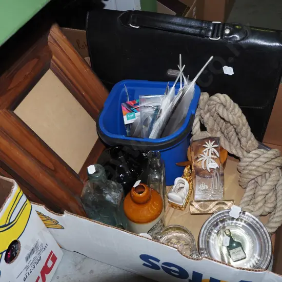 box; wooden picture frames, leather satchel, rope etc