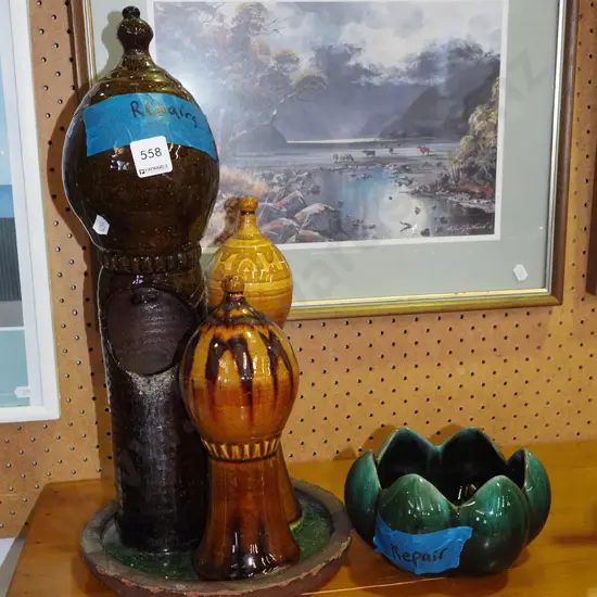 Blue Mountain lotus bowl, ceramic studio pottery - both have repairs H-430