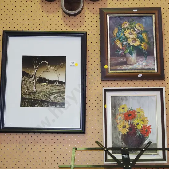 2x framed oils on board - flowers, framed photograph - dead trees - yellow dots