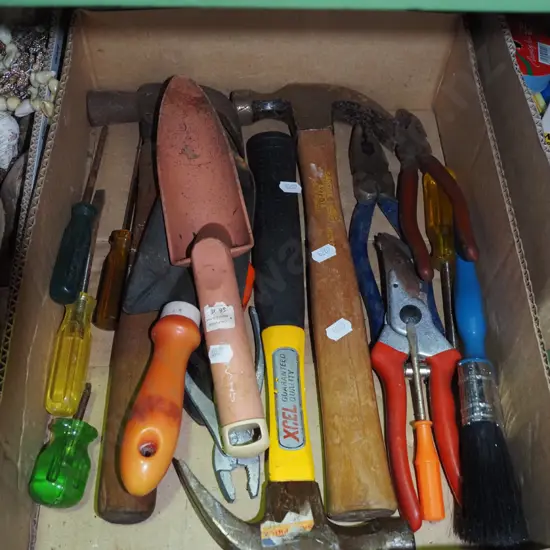 box of hand tools, hammers, trowels etc