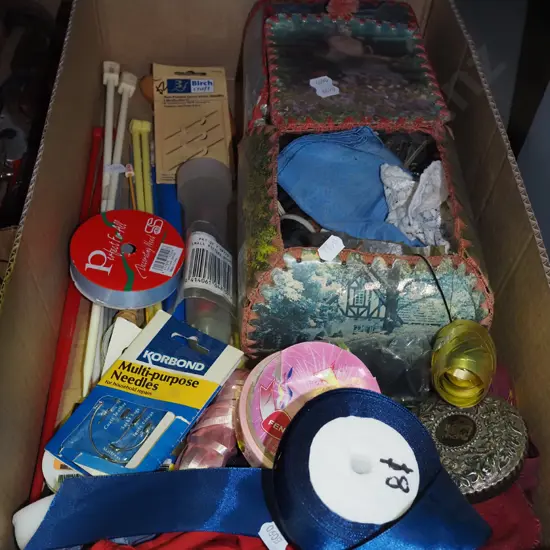 box; knitting needles, sewing threads etc