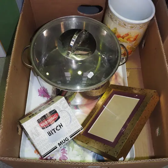 box; coffee mug, picture frame, tray, glass lidded pot