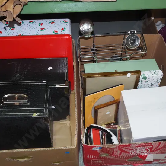 2x boxes; cake tin, 2 faux snakeskin storage boxes, photo frames, bathroom shower  rack etc - blue dots