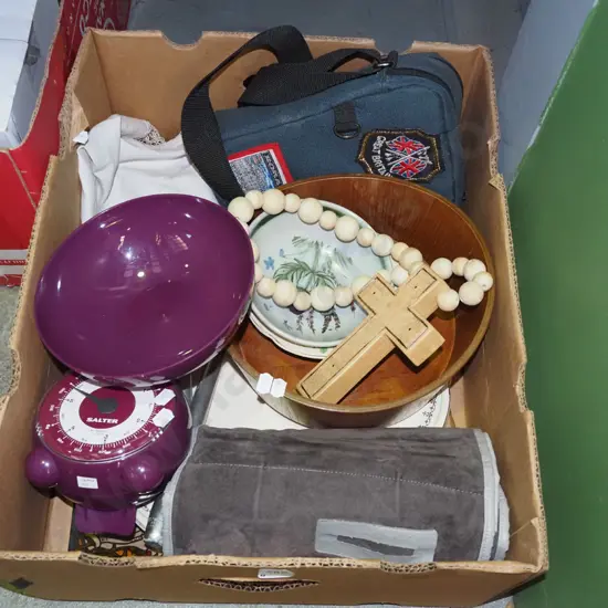 box; kitchen scales, camera bag, wooden bowls etc