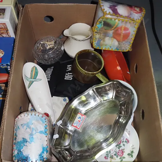 box; bowls, plates, stainless steel comport etc