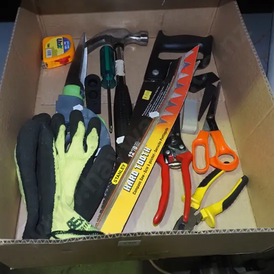 box; hammer, secateurs etc