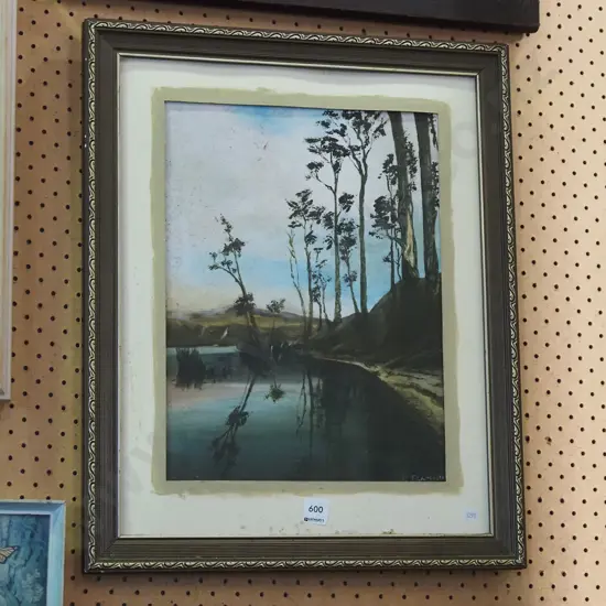 framed oil - trees by pond - stains, no glass