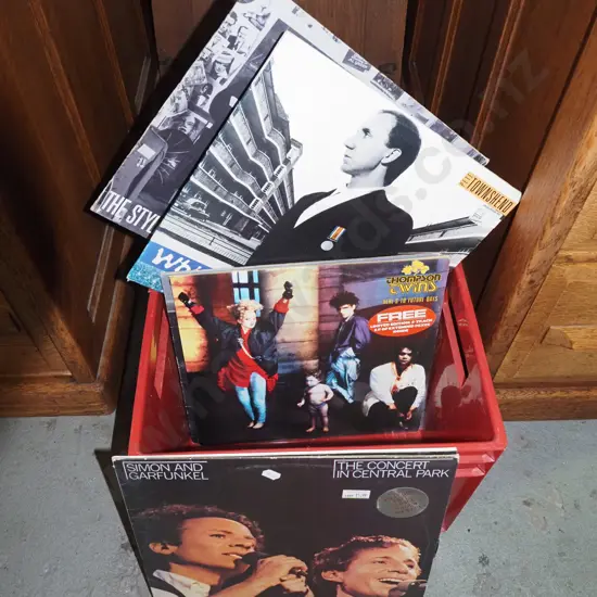 plastic tub of LPs; Simon & Garfunkel, Thompson Twins etc