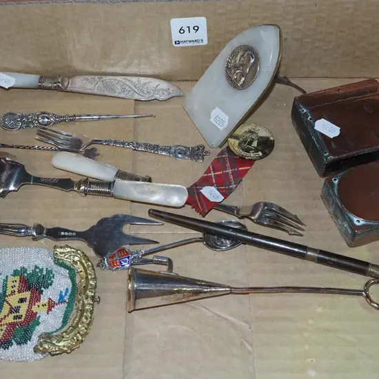 box; cutlery, etched copper and wood stands etc