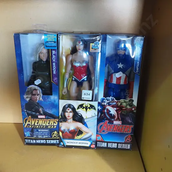 3x boxed action figurines - Black Widow, Wonder Woman, Captain America