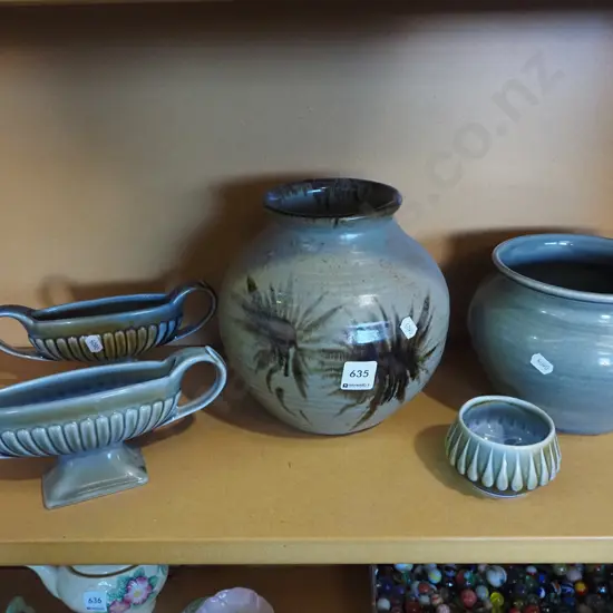 pottery bowls, 2x Wade vases, small bowl
