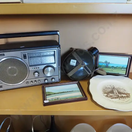 2x small oils - landscapes, NZ plate, canteen, transistor radio