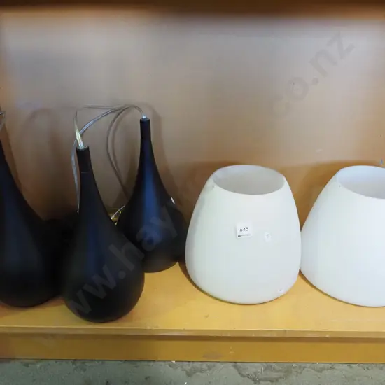 2x milk glass light fittings, 3x black tear drop light fittings