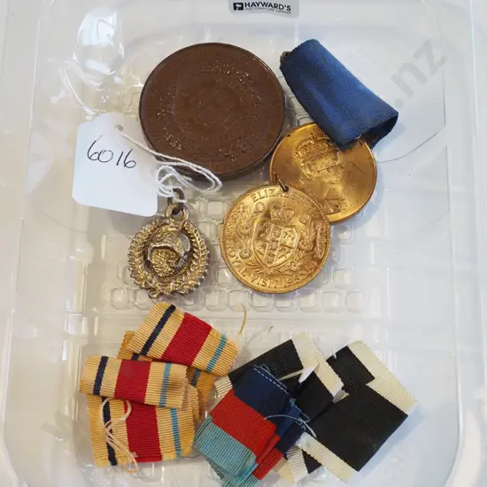 plastic tray; medals, badges