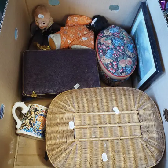 box; torch, cased teaspoon set, Asian doll etc