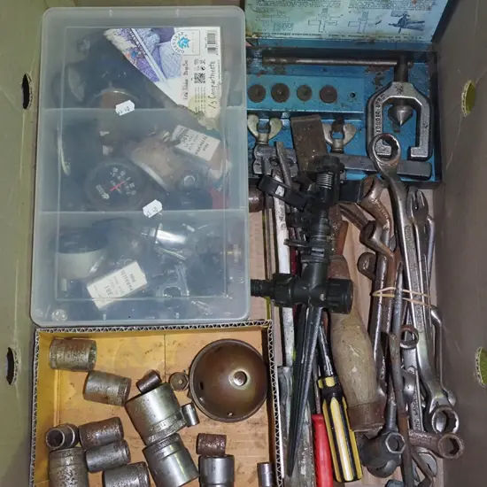 box; sockets, automotive dials, plumbers squaring set etc