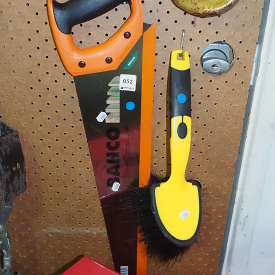 as-new Bahco hand saw and scrubbing brush - blue dots