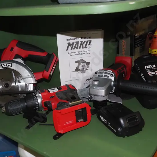 Mako battery powered circular saw drill grinder, 2 batteries and charger