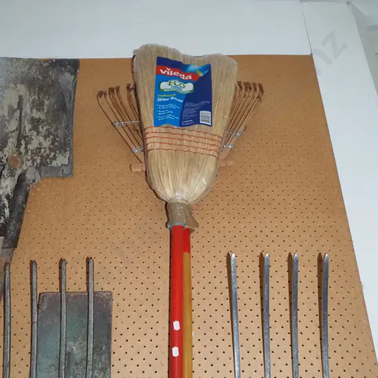 leaf rake, straw broom