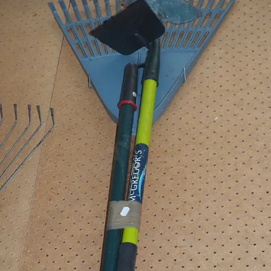 garden rake, 2 hoes