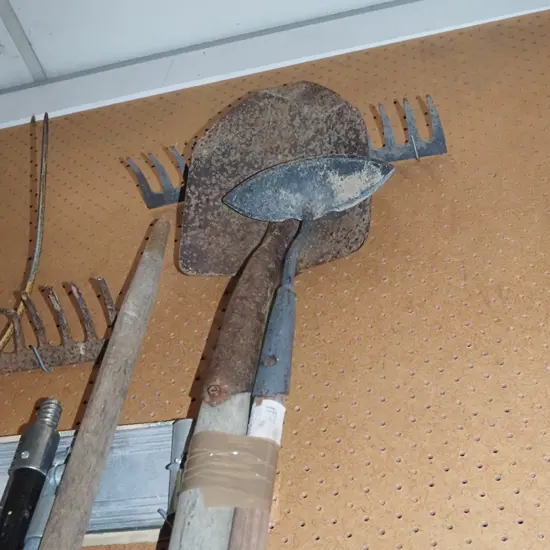 garden rake, shovel, hoe