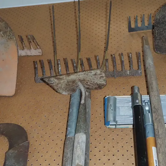 pitch fork, rake, hoe