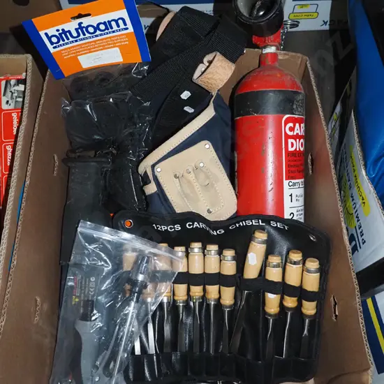 box; wood carvers, chisels, fire extinguisher, builder's belt etc