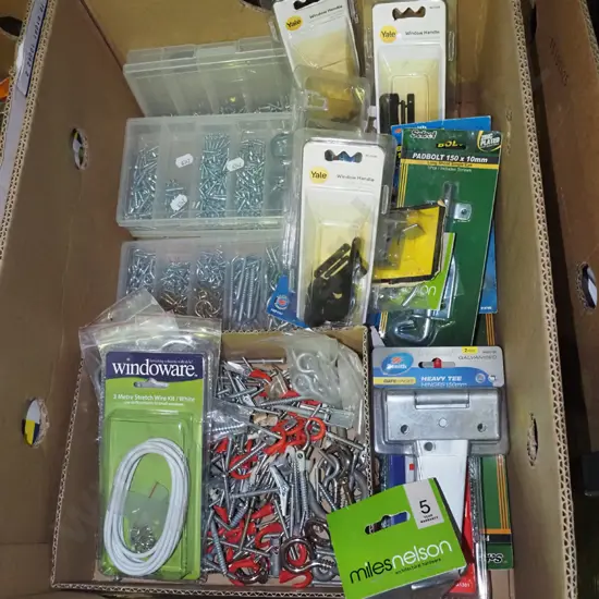 box; screws, hooks, window handles etc