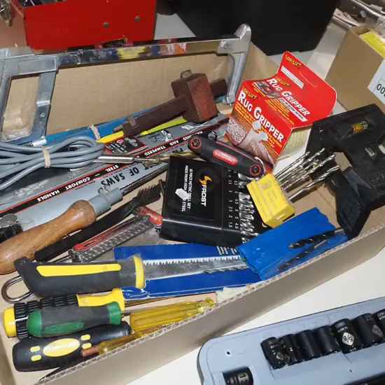 box; hack saw, marker gauge, drill bit etc