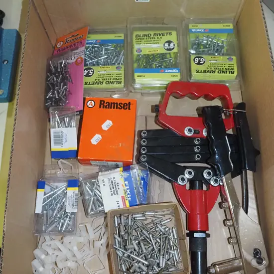 box; pop rivetter, ram set fasteners