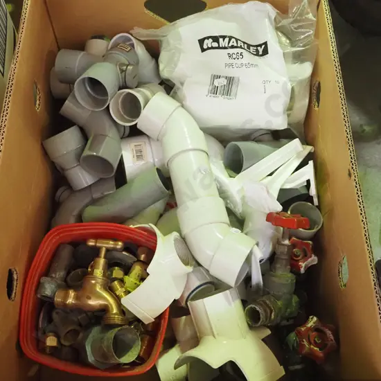 box; plumbing supplies, pipe connectors, brass valves, taps etc