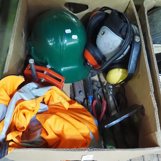 box; hard hat, mitre saw stand, large chisel, pliers etc