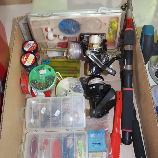 box; telescopic fishing lines, reels, lures, sinkers etc