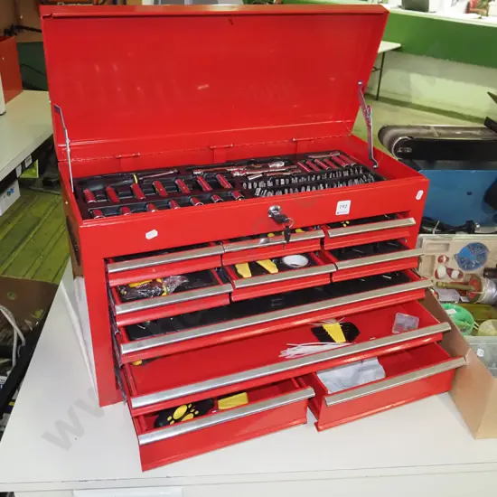 as-new workshop tool box and contents, socket sets, crescents etc -key in office 