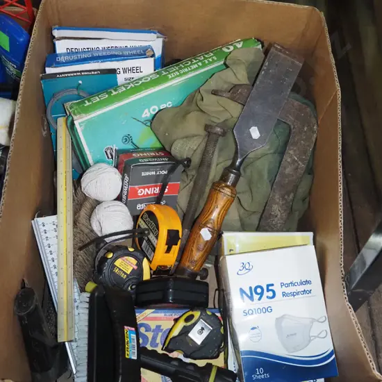 box; tape measuers, scrubbing brush, large chisel etc